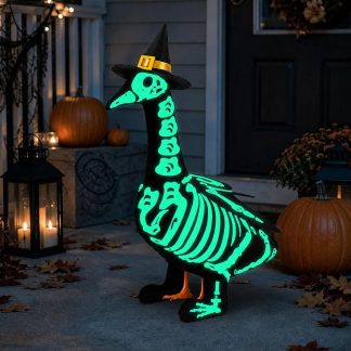 Halloween Porch Goose Outfits Skeleton Glows in the Dark for Outdoor Decor