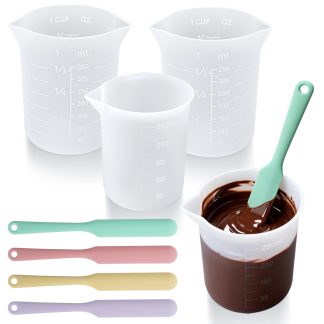Palksky Silicone Chocolate Melting Cup Set with 4 Silicone Measuring Cups (250ml & 350ml) and 4PCS Heat-Resistant Jar Spatulas, Non-Stick Baking Tools for DIY Chocolate, Butter & C
