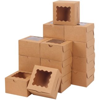 Moretoes 50pcs Small Cookie Boxes with Window, 4x4x2.5In Brown Bakery Boxes