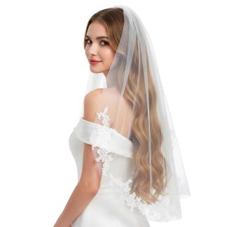 Josojoou White Wedding Bridal Veil with Comb, 1 Tier Floral Edge Bridal Tulle Veil, Lace Bride Wedding Veil for Bachelorette Party Bridals Shower Flower Girl