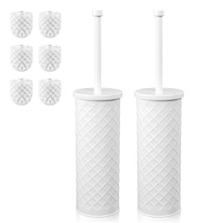 Toilet Bowl Brush and Holder Set 2 Pack with 4 Extra Brush Heads (White)