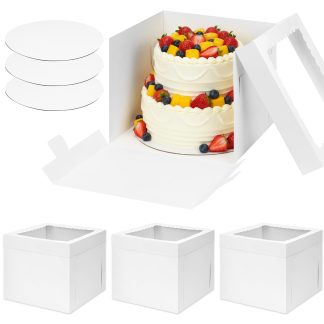 Moretoes 3 Pack 12x12x10 Inches Cake Boxes with Boards with Large Window