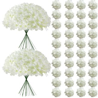 Cherica 65Pcs White Hydrangea Artificial Flowers Bulk，Realistic Silk Fake Flowers with Stems，Faux Hydrangea Flowers for Wedding Home Decor Centerpieces Living Room Garden Party Bab