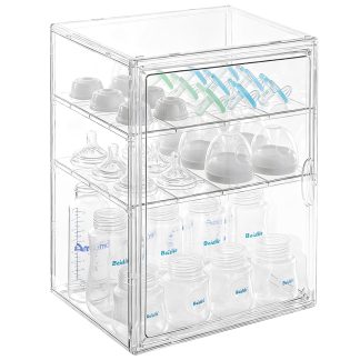 ERTIUANIO Baby Bottle Organizer – 3 Tier Acrylic Bottle Storage Organizer container, Clear Plastic Bottle Station Organizers Drawers for Countertop Kitchen Cabinet Vanity, Bathroom