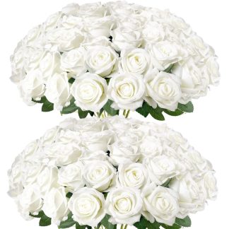 Cherica 50Pcs White Roses Artificial Flowers with Stems，Fake Roses Bouquet Fake Flowers Bulk，Silk Velvet Roses for Wedding Centerpieces Arrangement Baby Shower Birthday Home Decor