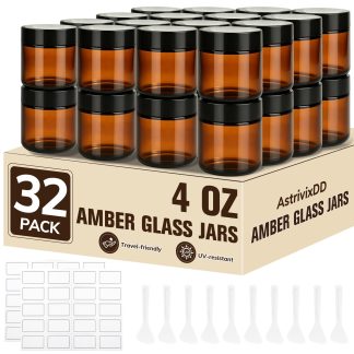 32 Pcs 4 oz Glass Jars with Lids,Amber,with 40 Labels & 10 Spatulas