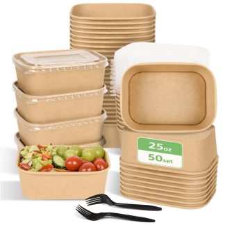 Peseojiar 50 Pack Disposable Meal Prep Containers, 25oz Disposable Large Paper Bowls with Lids and Forks for Salad, Noodles, Freezer and Microwavable Storage Use Cardboard Food Con