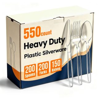 550 Count Plastic Silverware Heavy Duty, 200 Forks, 200 Spoons, 150 Knives