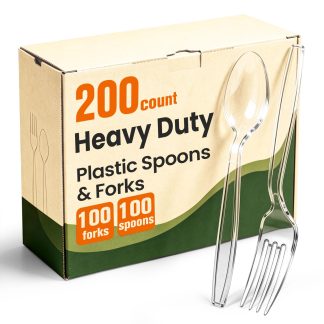 200 Count Plastic Silverware Heavy Duty, 100 Spoons & 100 Forks, BPA-Free