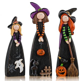 Suzile 3 Pcs Halloween Witch Table Decorations, Wooden Tabletop Figurines