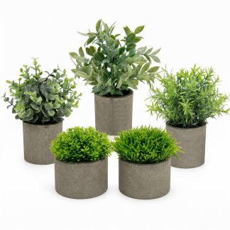 AUUGUU Artificial Potted Plants Faux Greenery in Cement Pots for Shelf, Bookshelf, Office or Home Decor, Small Decorative Fake Plants for Modern Indoor Display