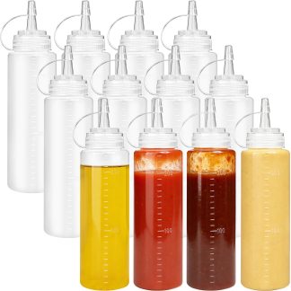 Uyuxxu 12 Pack 8 oz Plastic Condiment Squeeze Bottles,Multipurpose Squirt Bottles,Clear Sauce Bottle with Lids for Dressing,Ketchup,Grilling,Syrup,BBQ Sauce