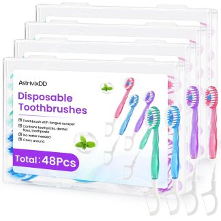 48 Pack 5-in-1 Mini Toothbrush Disposable, Prepasted Toothbrushes