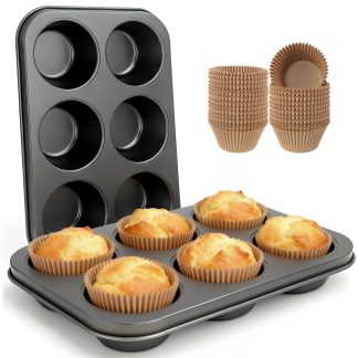 Artcochan 2 Pack Jumbo Muffin Pan with 50 Cupcake Liners, Extra Large 6 Cup Nonstick Carbon Steel Cupcake Pan, Jumbo Muffin Tin for Baking Supplies