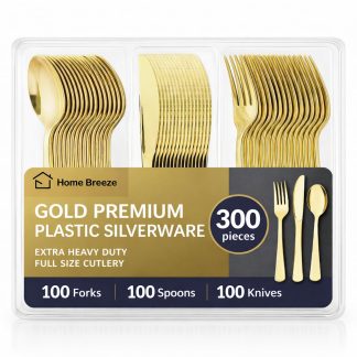 300 Pack Premium Heavy Duty Gold Plastic Silverware, 100 Forks, 100 Spoons, 100 Knives, For Parties, Dinners and Weddings, BPA-Free, Disposable Plastic Cutlery Dinnerware Utensils