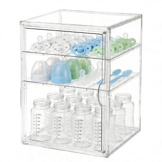 Baby Bottle Organizer, 3 Tiers Acrylic Bottle Storage Organizer Container, Clear Plastic Bottle Station Organizer with 2 Adjustable Dividers for Kitchen Countertop, Bathroom, Cabin