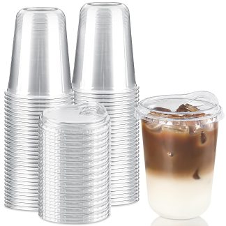 16 oz Round Bottom Clear Plastic Cups with Strawless Sip Lids, 50 Pack