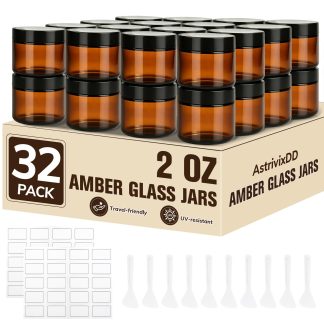 32 Pcs 2 oz Glass Jars with Lids,Amber,with 40 Labels & 10 Spatulas