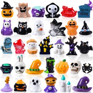 DIYDEC 32pcs Halloween Mini Resin Figures 32 Styles Tiny Resin Animals Little Small Figures to Hide Pumpkin Ghost Skull Miniatures Bulk for Halloween Party Favors Bag Fillers Garde