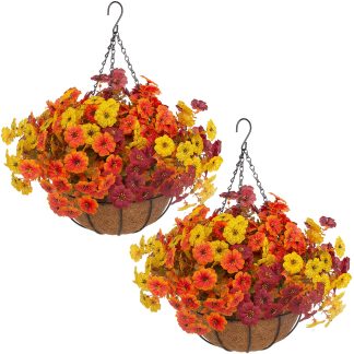 Hananona 2 Set Artificial Outdoor Fall Flowers with Hanging Basket, 2 Packs Hanging Planters with 24 Pcs Faux Fall Mums for Autumn Front Porch Garden Patio Home Decor (2, Orange,Ye