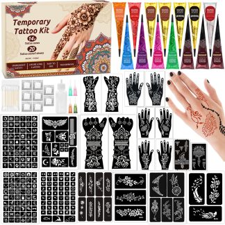 Temporary Tattoo Kit with 20 Sheets Stencils, 14 Ink Colors & Accessories