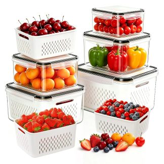 HestiaSnax 5 Pack Large Fruit Storage Containers for Fridge, Leakproof Produce Containers with Removable Colanders, Dishwasher Safe Fridge Organizers and Storage, Keep Berry, Veget
