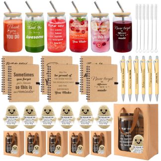 42 Pcs/6 Sets Employee Appreciation Gifts Bulk - Includes 16oz Glass Cups with Bamboo Lid, Positive Crochet, Inspirational Notebooks with Pens, Kraft Paper Gift Bags & Straw - Than