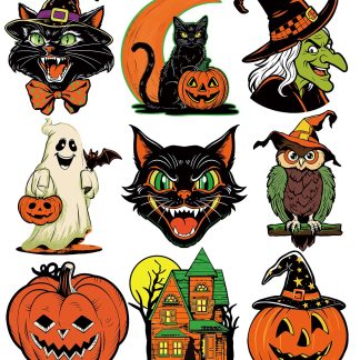 Large Vintage Halloween Decorations Double-Sided Halloween Cutouts Retro Halloween Spooky Ghost Pumpkin Witch Cat Cutouts for Trick or Treat Holiday Party Window Wall Decor(9PCS)