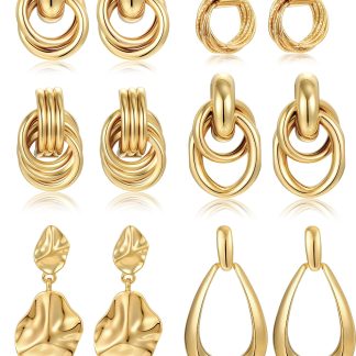 6 Pairs Gold Plated Knot Earrings for Women Chunky Trendy Statement Drop Dangle Teardrop Earrings Lightweight Hypoallergenic Fashion Accessories Gold Jewelry Set Gifts for Women