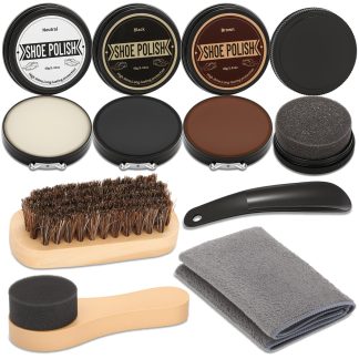 Cruzix 8 PCS Leather Shoe Polish Kit- Shoe Shine Kit As Gift for Men with Black Brown Neutral Shoe Polish, Horsehair Shoe Polish Brush, Shine Sponges Care Cloth-Shoe Cleaning Kit f