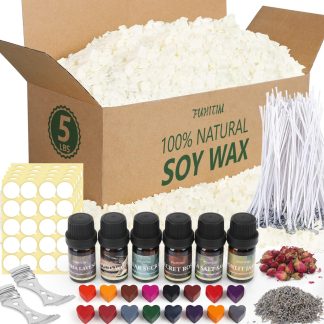 FUHITIM Soy Candle Wax Kit for Candle Making 5 lbs Bag, Premium Natural Soy Wax Flakes, No additives and Pure, 100 Cotton Candle Wicks, Fragrance Oils, Dried Flowers & Pigment Colo