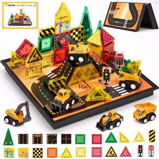 hahaland Mini Magnetic Tiles Travel Construction Toys with Engineering Cars