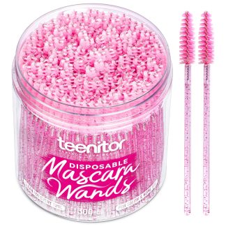 Teenitor 300PCS Mascara Wands Disposable, Lash Wands Eyelash Brush Mascara Spoolies, Eyebrow Spoolie for Eye Lash Extensions, Disposable Makeup Applicators with Container, Crystal