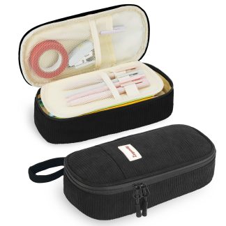 Zzrywuty Aesthetic Pencil Case, Large Capacity Soft Corduroy Pouch with Handle, Wide Opening Black Cute Stationery Bag & Organizer for School Office, Teens Adults