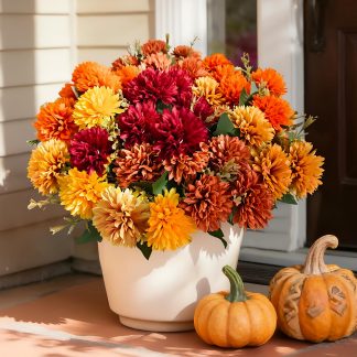 Cherica 10Pcs Fake Flowers Artificial Mums for Outdoors,UV Resistant Faux Mums for Outdoor Planters Realistic Chrysanthemums No Fade Fall Flowers for Front Door Garden Patio Yard A