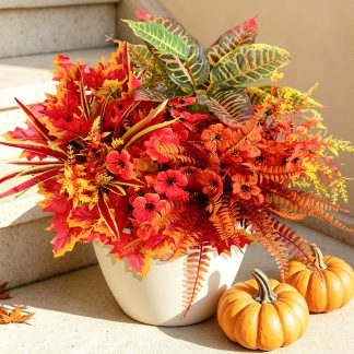 Artificial Fall Flowers for Outdoors Fake Plants Fall Decor, Faux Plants UV Resistant Stems Fake Leaves Bushes Outside, Artificial Mums for Outdoors Planters Porch Window Garden Au