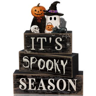 Moucuny 4 Pcs Halloween Table Decor Pumpkin Ghost Wood Stacked Block Decor
