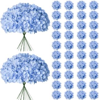 Cherica 65Pcs Blue Hydrangea Artificial Flowers Bulk，Realistic Silk Fake Flowers with Stems，Faux Hydrangea Flowers for Wedding Home Decor Centerpieces Living Room Garden Party Baby