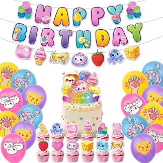 32Pcs Squishy Birthday Decorations, Includes Banner Balloons & Cake Topper