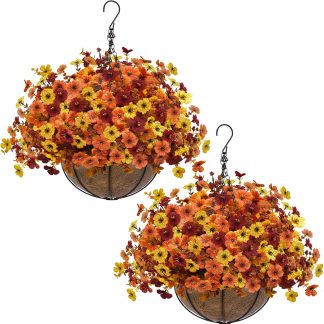 2 Sets Artificial Fall Mums Hanging Flowers Plants Baskets, 504 UV Resistant Faux Silk Violet Fake Chrysanthemum in Planter Realistic Look for Autumn Porch Home Patio Garden Yard O