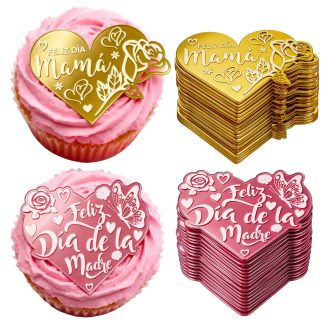 30Pcs Feliz Día De Las Madres Cake Topper, Acrylic Feliz Dia Mamá Cupcake Toppers Flower Heart Carving Mirror Spanish Happy Mothers Day Cake Decorations for Birthday Party Supplies