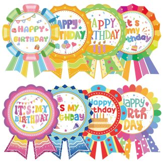 Happy Birthday Badge Stickers, 240 Pcs, 8 Color Designs, 2.6 x 3.7 in