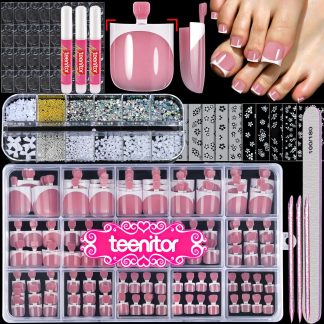 Teenitor Square Toe Nail Press Ons, 150pcs French Tip Press on Toenails with Nail Glue, Thick Toe Press on Nails Fake Toe Nails for Women, 15 Sizes Toe Nails Glue on with Nail Char