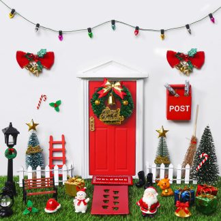 Celltestria 39pcs Red Christmas Elf Fairy Door Decorations Sets Miniature Figures Wooden Doors Santa Claus Snowman Kit for Xmas Mini Dollhouse Accessories House Room Wall Decor