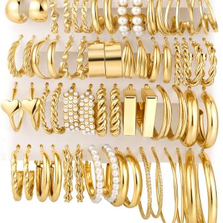 30 Pairs Gold Hoop Earrings Set for Women, Hypoallergenic Pearl Twisted Statement Hoops Multipack, Small to Chunky Hoop Earrings for Women Trendy Jewelry Gifts
