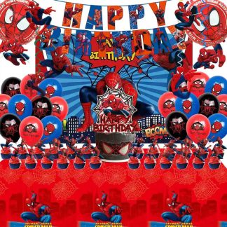 51PCS spidey birthday party supplies, backdrop, "Happy Birthday" banner,tablecloth, large aluminum balloon, small aluminum balloons, latex balloons, cake topper,cupcake toppers, ha