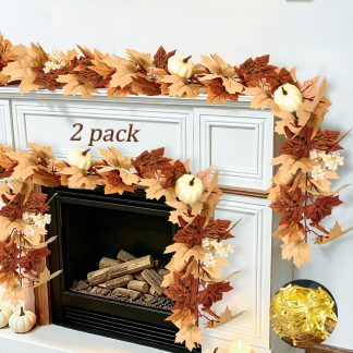 Cherica 2 Pack Fall Garland with Lights-Total 12Ft Autumn Leaves Garland for Mantle Fireplace-Brown Fall Decor for Front Door with Pumpkins Indoor Maple for Stairs Porch Thanksgivi