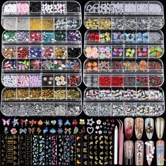 Teentior Nail Charms Nail Stickers with Nail Gems Kit, 8 Boxes Nail Art Rhinestones Gold Rhinestones for Nails, Nail Charms and Gems Pearls for Nails, 3D Nail Art Design Kit Nail D