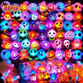 Tiaxidex 55PCS Halloween Treats Light Up LED Rings, Non Candy Halloween Trick or Treats 3D Flashing Rings Toys Glow In the Dark Party Favor Ring Toy Gifts For Kids Adults Goodie Ba