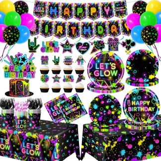 Neon Party Supplies Serves 24,Glow in The Dark Themed Tableware Including Plates,Napkins,Banner,Tablecloths Neon Birthday Party Decorations for Let's Glow Baby Shower Birthday Favo